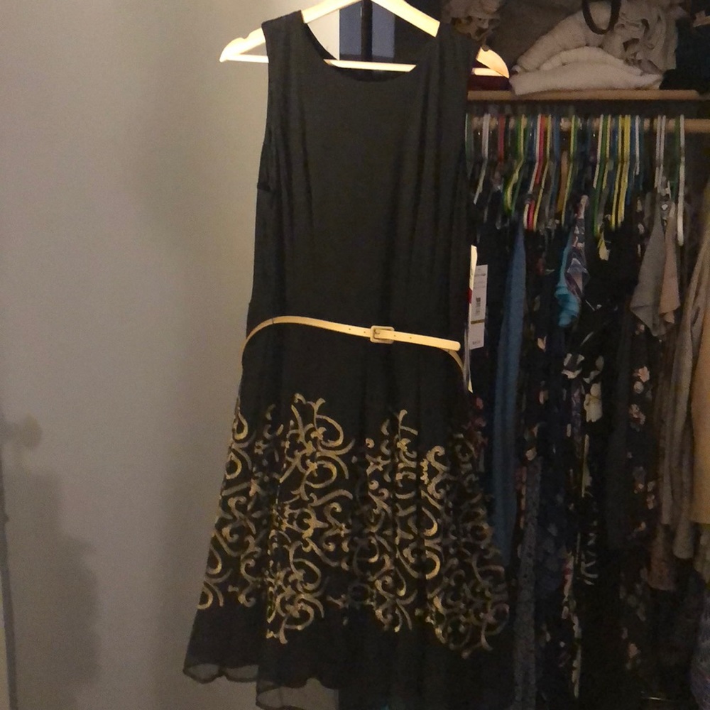 Black and gold cocktail dress with belt